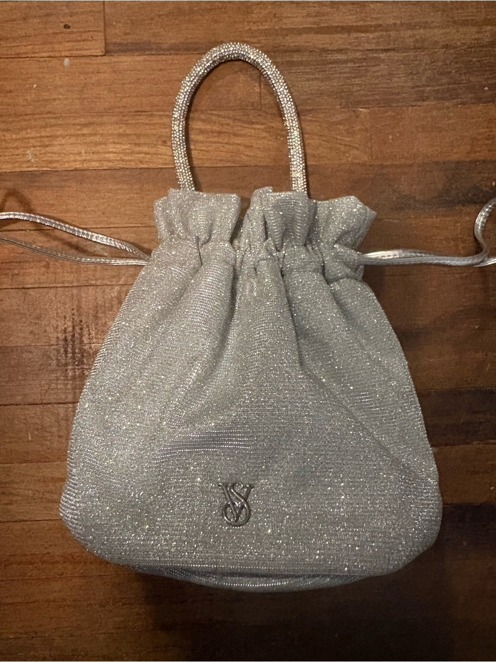 Victoria's Secret Silver Sparkle Drawstring Bucket Bag with Beaded Handles NWOT